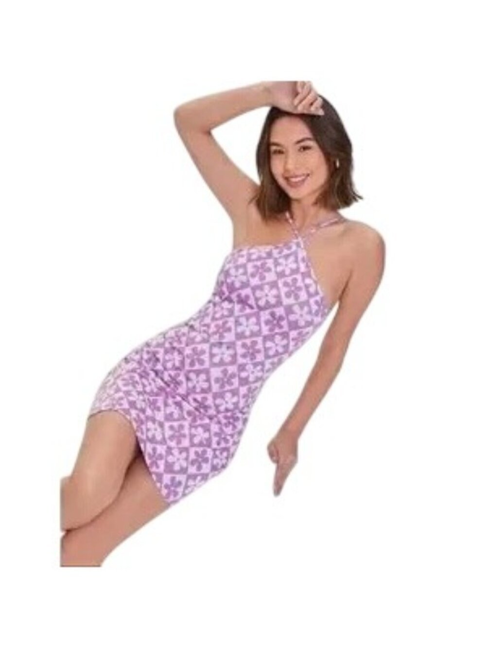 Forever 21 Purple Retro Floral Knit Bodycon Halter Mini Dress